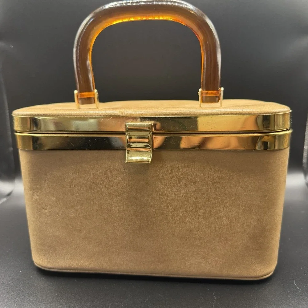 Vintage 1950's Camel Colored Florida Box Purse w/ Amber Lucite Handle MCM